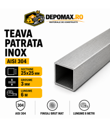 Teava patrata inox AISI 304, 25 x 25 x 3 mm, 6 metri